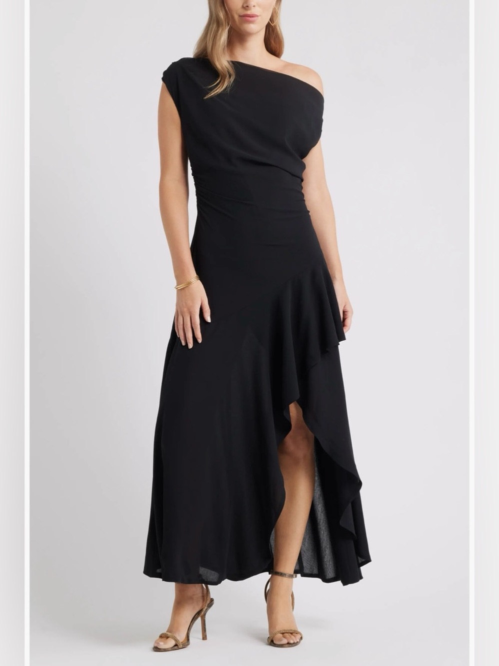Chelsea 28 Cascading Off the Shoulder Evening Dress